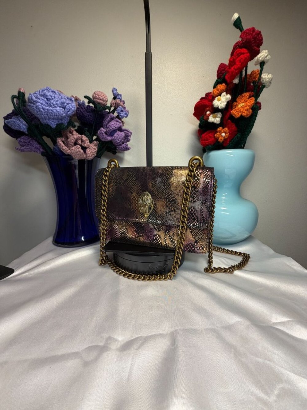 Snakeskin-Pattern Metallic Shoulder Bag With Gold Chain Strap NWT